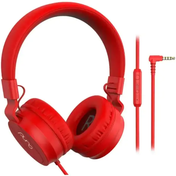 Puro Sound Labs PuroBasic Volume Limiting Wired Headphones for Kids, Foldable & Adjustable Headband w/Microphone, Compatible with Smartphones, Tablets and PC’s -Red