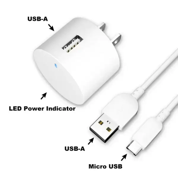 Wall Charging Kit with 3ft Micro-USB to USB Cable, White,LED Power Indicator,Travel Friendly Plugs Folds Down For Easy Travel. Compatible All Micro-USB Devices. - Image 2